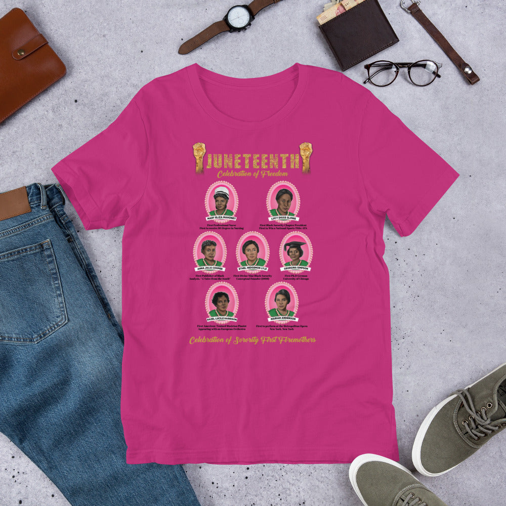 Juneteenth Greek Pink and Green Foremothers Unisex T-Shirt