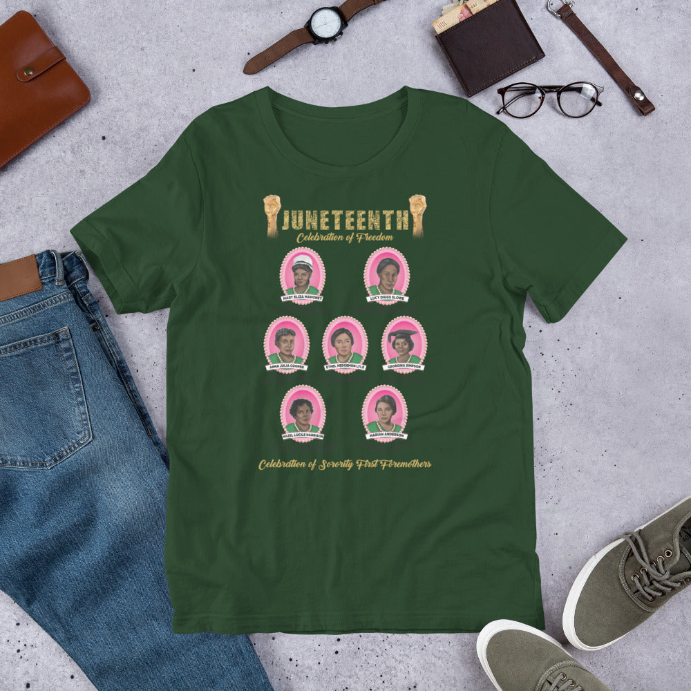 Juneteenth Greek Pink and Green Foremothers Unisex T-Shirt