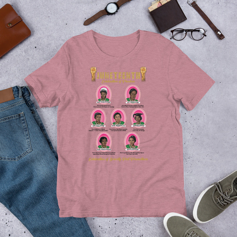 Juneteenth Greek Pink and Green Foremothers Unisex T-Shirt
