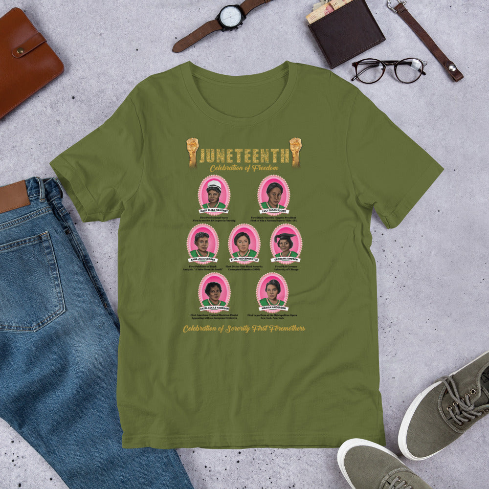 Juneteenth Greek Pink and Green Foremothers Unisex T-Shirt